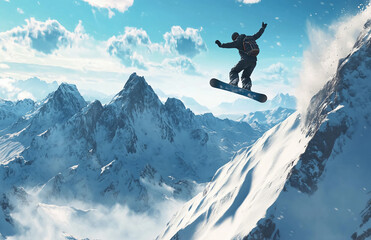 A snowboarder jumping off a snowy mountain peak with a backdrop of distant mountain ranges and cloudy sky