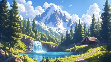 A breathtaking landscape showcasing a snow-capped mountain, cascading waterfall, and a charming cabin beside a calm lake surrounded by forests and fluffy clouds.
