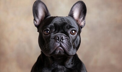 Fototapeta premium A black French Bulldog sitting attentively, deep brown eyes, neutral-colored backdrop