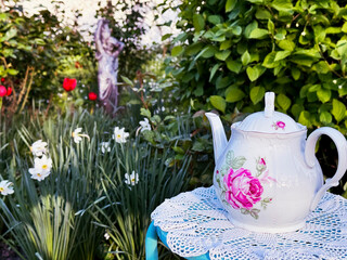 still life with tea and flowers