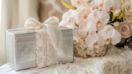A beautifully wrapped silver gift box with a delicate lace ribbon next to an elegant bouquet of orchids