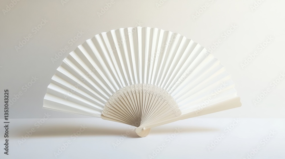 Poster a minimalistic white folding hand fan, elegantly opened and set apart against a clean white backgrou