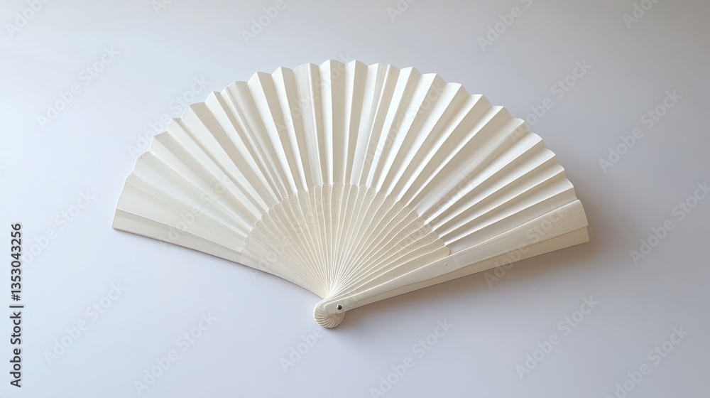 Poster a minimalistic white folding hand fan, elegantly opened and set apart against a clean white backgrou