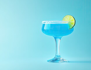 Vibrant blue cocktail with lime garnish.  A refreshing, vibrant blue cocktail, garnished with a lime wedge, sits in a classic coupe glass.  The drink appears chilled and ready to be enjoyed
