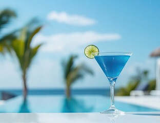 Blue cocktail by pool.  Tropical vacation drink