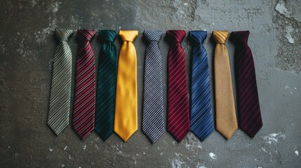 A collection of classic ties in various colors and patterns, arranged in a row on a sleek surface