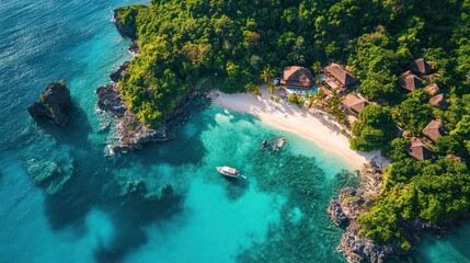Secluded beach resort aerial view, boat anchored, tropical island, turquoise water, lush foliage