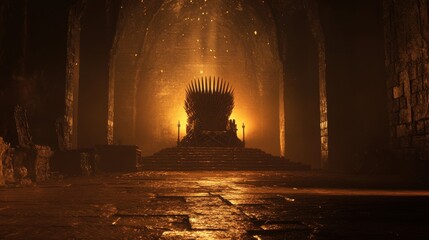 A throne forged from the spoils of war, glowing under dim torchlight, standing alone in a vast, gloomy chamber.