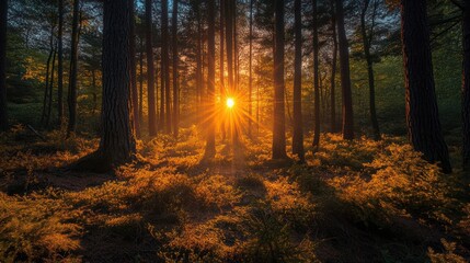 Obraz premium Sunset forest scene, sun rays through pines, nature background, peaceful landscape, ideal for nature documentaries