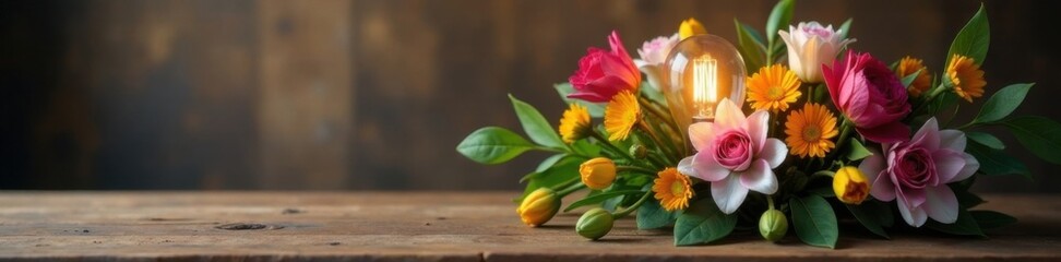 Spring Floral Bouquet on Wooden Table with a Single Lamp Bulb Centerpiece , floral arrangement, lamp