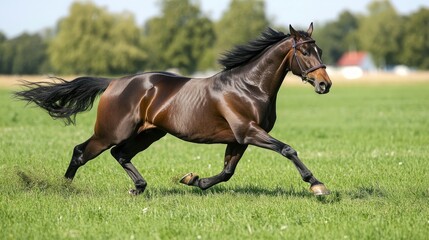 Fototapeta premium A dark bay horse sprinting through a vast green pasture, kicking up small tufts of grass