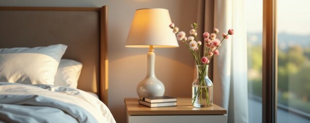 Stylish bottle vase with flowers on nightstand in beautiful bedroom, vases, home decor