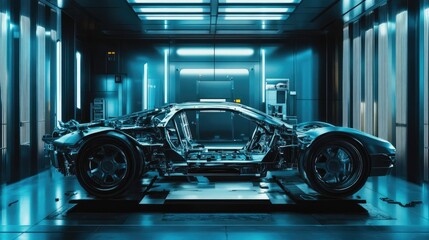 Fototapeta premium A futuristic automotive factory with sleek car frames on a metallic silver backdrop