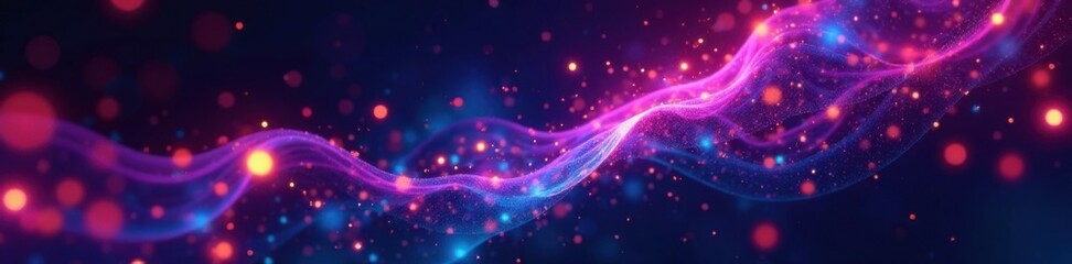 Fototapeta premium Swirling abstract technology particles suspended in a dark mesh background with vibrant neon lights , mesh, neon