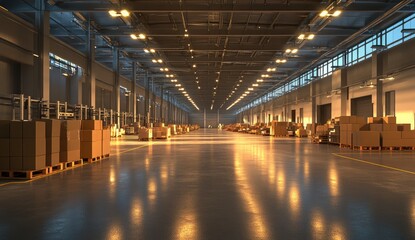Obraz premium Industrial warehouse interior. Spacious, well-lit facility with boxes on pallets