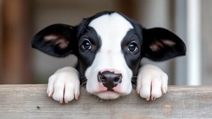 Cute black and white puppy peeking over a wooden fence