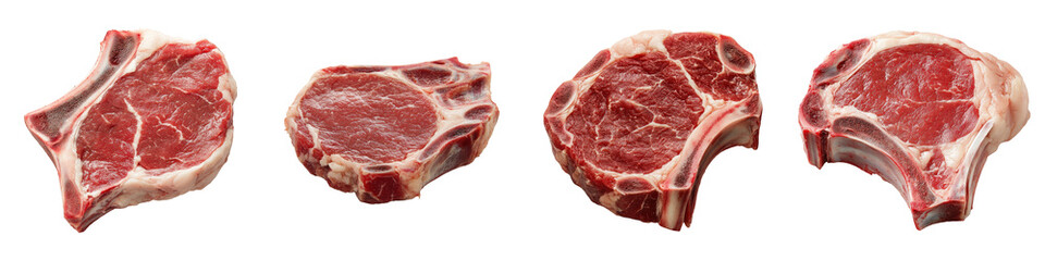 Obraz premium Fresh Raw Ribeye Steaks BoneIn Marbled Meat Loin Portions Butcher Cut Ready for Cooking.