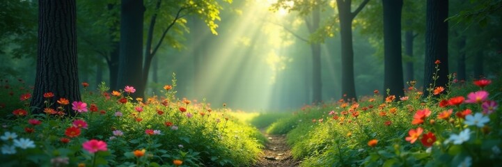 Tranquil forest glade with blooming wildflowers, blooming plants, wildflower meadow, peaceful