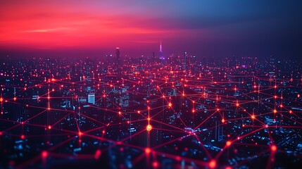 Networked city at night, red lines connecting buildings.