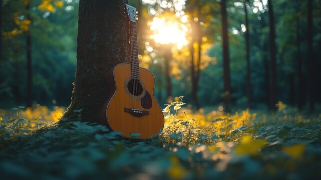 Acoustic guitar rests at the base of a tree in a sunlit forest