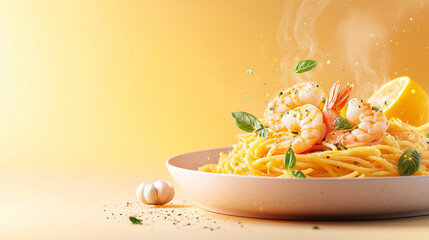 Steaming shrimp scampi pasta with garnishes against warm yellow background