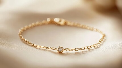 A minimalist gold chain bracelet displayed on a neutral beige background