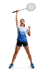 Asian woman badminton player holding racket above looking excited in winning celebration