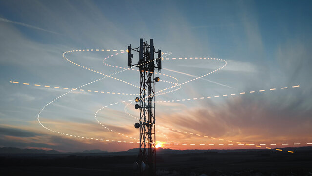 Sunset view of a base station tower with a 3D graphic overlay of signal waves emitted from antennas