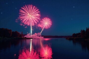 Vibrant fireworks exploding in the night sky over a calm lake, holiday, celebration