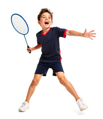 Excited joyful caucasian kid looking active while holding a badminton racket
