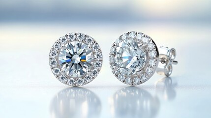 A pair of diamond halo earrings with a radiant shine, displayed on a bright white background