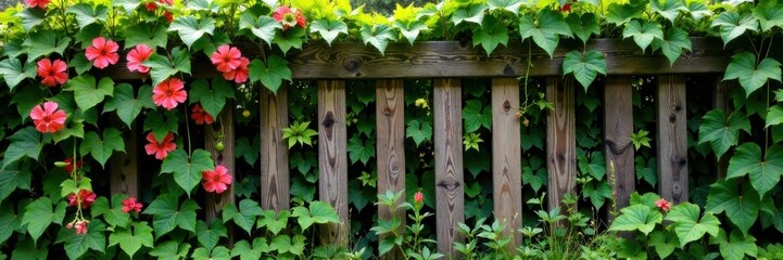 Vibrant vines and flowers wrapped around a wooden trellis , botanical illustrations, nature elements
