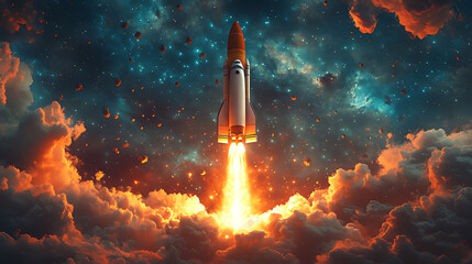 Rocket launching through nebula, space exploration, fiery clouds