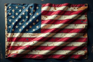 Fototapeta premium Vintage American flag with chalkboard background, writing space in white chalk, classic design, nostalgic