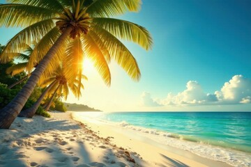 Obraz premium Vintage style palm tree-lined beach scene under golden sun, palms, ocean