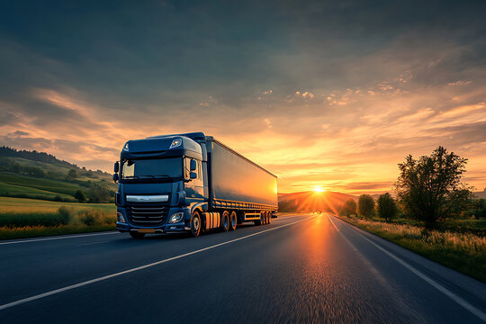 Majestic Sunset View of a DAF Truck Driving on a Scenic Highway