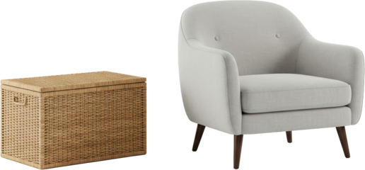 Modern light grey armchair with woven wicker storage ottoman Stylish living room furniture set
