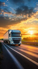 White Semi Truck Driving on Highway at Sunset with Dramatic Sky
