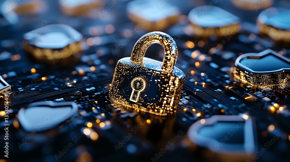 Poster golden padlock icon on digital circuit board with glowing elements, representing cybersecurity and d