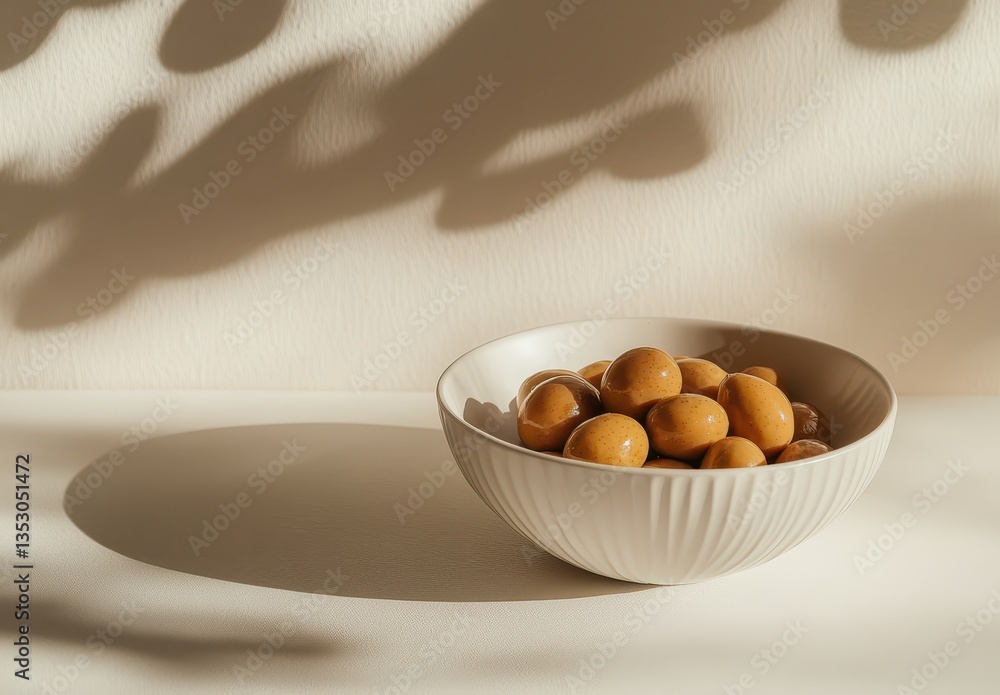 Aufkleber elegant bowl of glossy golden olives casting soft shadows on a textured cream background in a serene