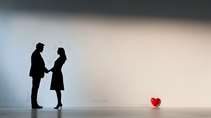 Obraz premium Silhouette of couple holding hands with red heart shape on floor, romantic minimalist scene against light gradient background. Love story concept.