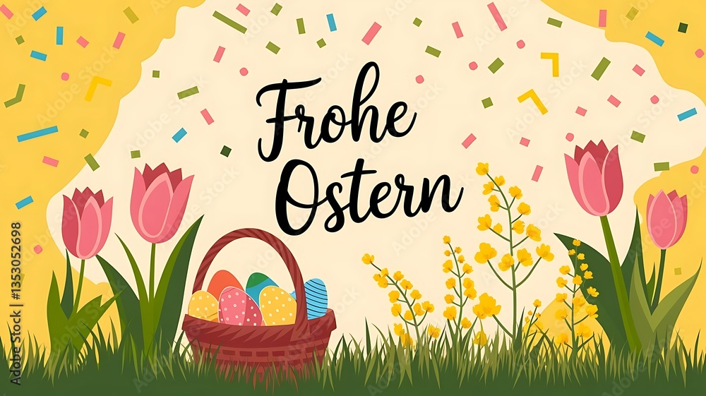 Fototapete illustration with confetti and the german text frohe ostern written with pink tulips and yellow mimo