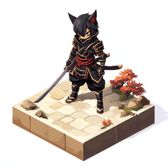 Standing Ninja Cat Warrior with Katana Sword on Stone Platform