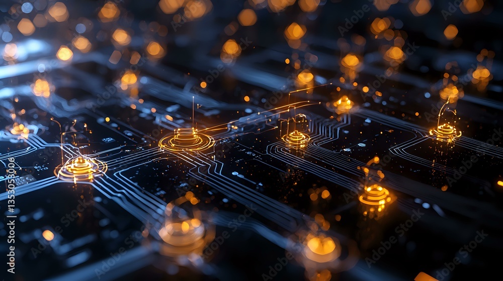 Poster glowing orange network nodes interconnected on dark blue circuit board with bokeh light effects, rep