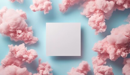 Pastel pink candy clouds frame blank square, light blue background