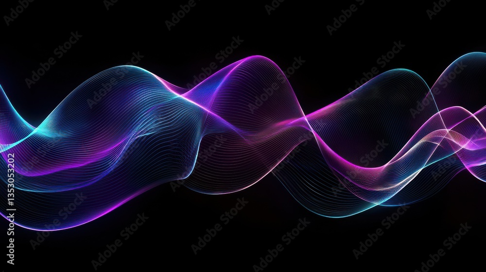 Poster dark, dramatic holographic neon background with fluid liquid glass curved waves in motion, rendered 