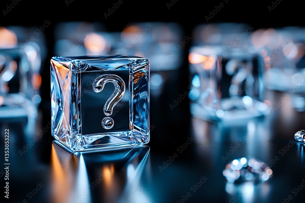 Poster question mark symbol frozen in transparent ice cube on dark reflective surface with bokeh lights, cr