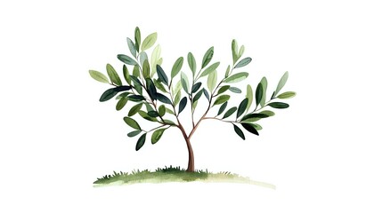 Young olive tree with green leaves on brown branch growing from grassy ground, watercolor style botanical illustration on white background.