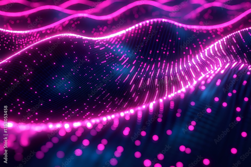 Poster abstract digital wave pattern with glowing pink particles and flowing lines against dark background,