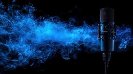 Microphone amidst vibrant blue smoke